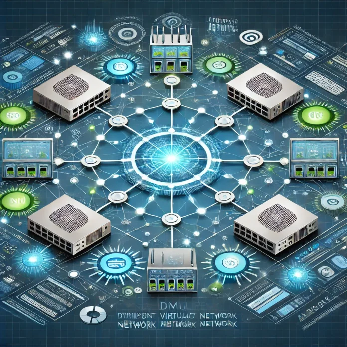 Illustration of DMVPN (Dynamic Multipoint Virtual Private Network) technology showing a secure network architecture with a central hub router connected to multiple branch offices in a star topology. Includes icons for encryption, routing, and communication links, symbolizing technology and security.